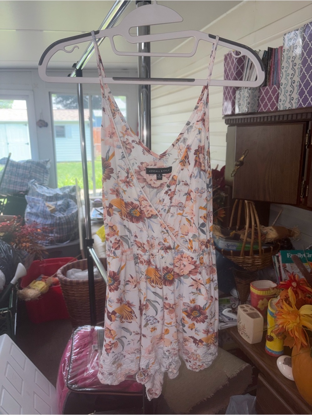 Kendall & Kylie Floral Romper in White, Peach & Brown